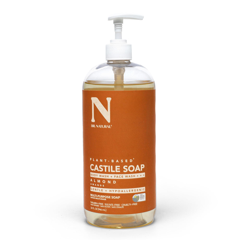 Dr. Natural Castile Soap Almond bottle pour for versatile body and hair care