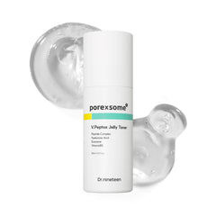 Dr.nineteen V.Peptox Jelly Toner bottle closeup shows premium packaging and pore-care potential.