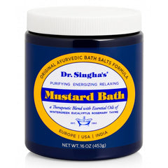Dr. Singha's Mustard Bath bottle closeup showcasing premium ingredients for relaxation.