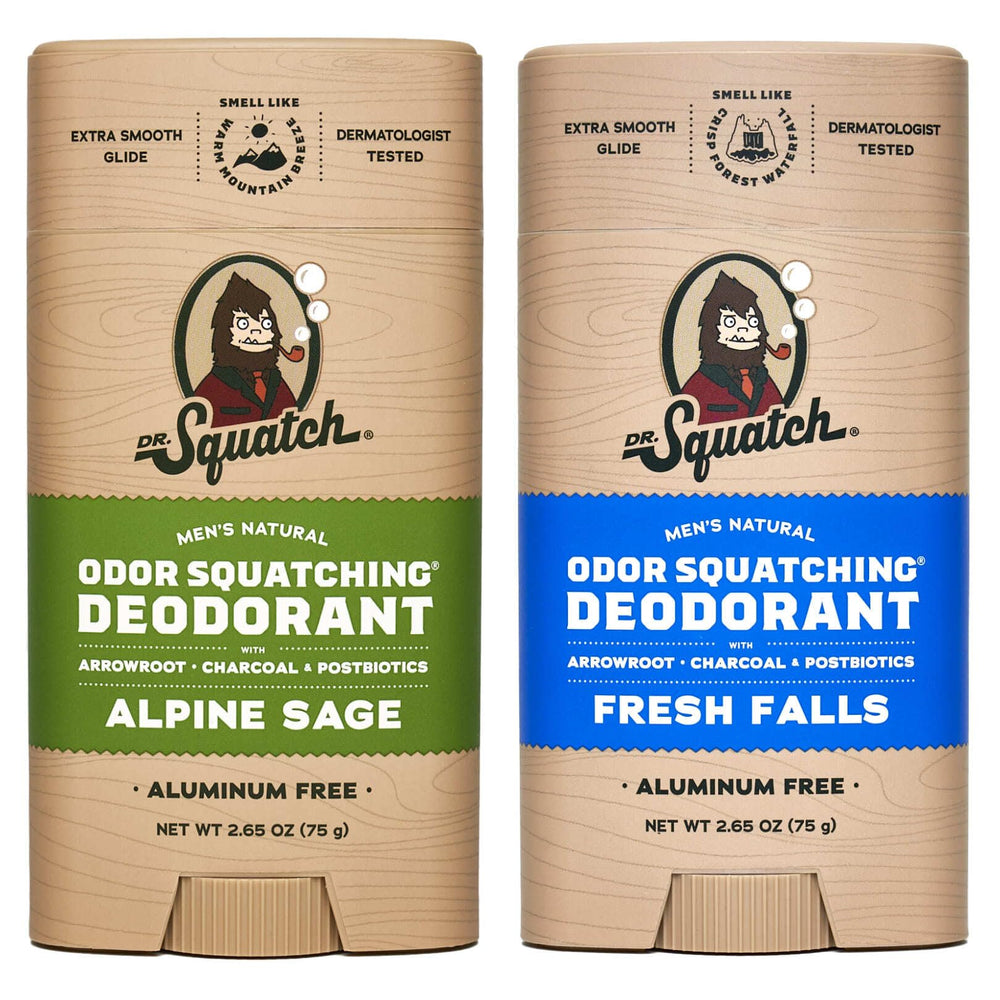 Dr. Squatch Alpine Sage deodorant bottle shows aluminum-free protection for daily wear.