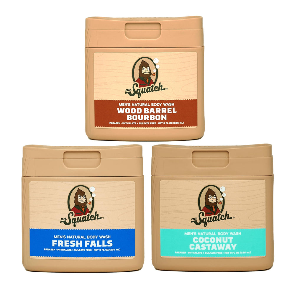 Dr. Squatch Wood Barrel Bourbon body wash pour for rich lather and hydration.