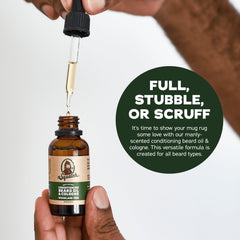 Dr. Squatch Conditioning Beard Oil woodland pine bottle side highlights rugged, fresh scent.