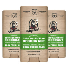 Dr. Squatch Cool Fresh Aloe deodorant bottle shows aluminum-free protection for daily wear