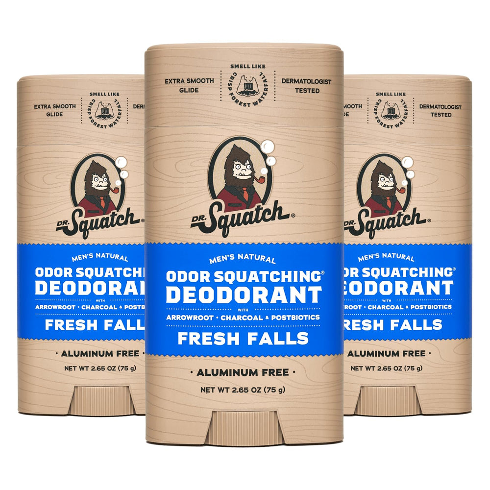 Dr. Squatch Fresh Falls deodorant bottle offers aluminum-free protection for daily use.