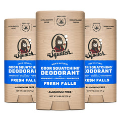 Dr. Squatch Fresh Falls deodorant bottle offers aluminum-free protection for daily use.