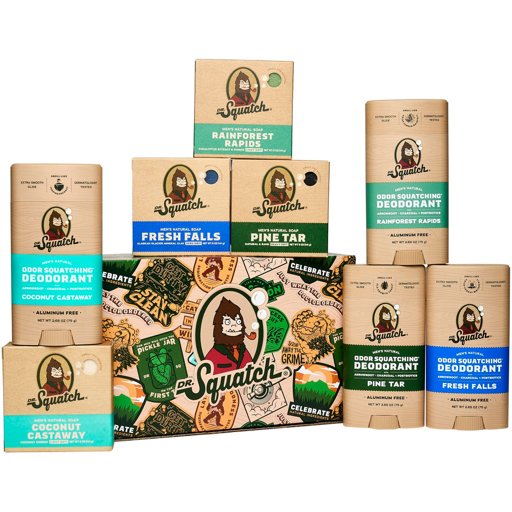 Dr. Squatch holiday bundle box with four soaps and aluminum-free deodorants for gifting
