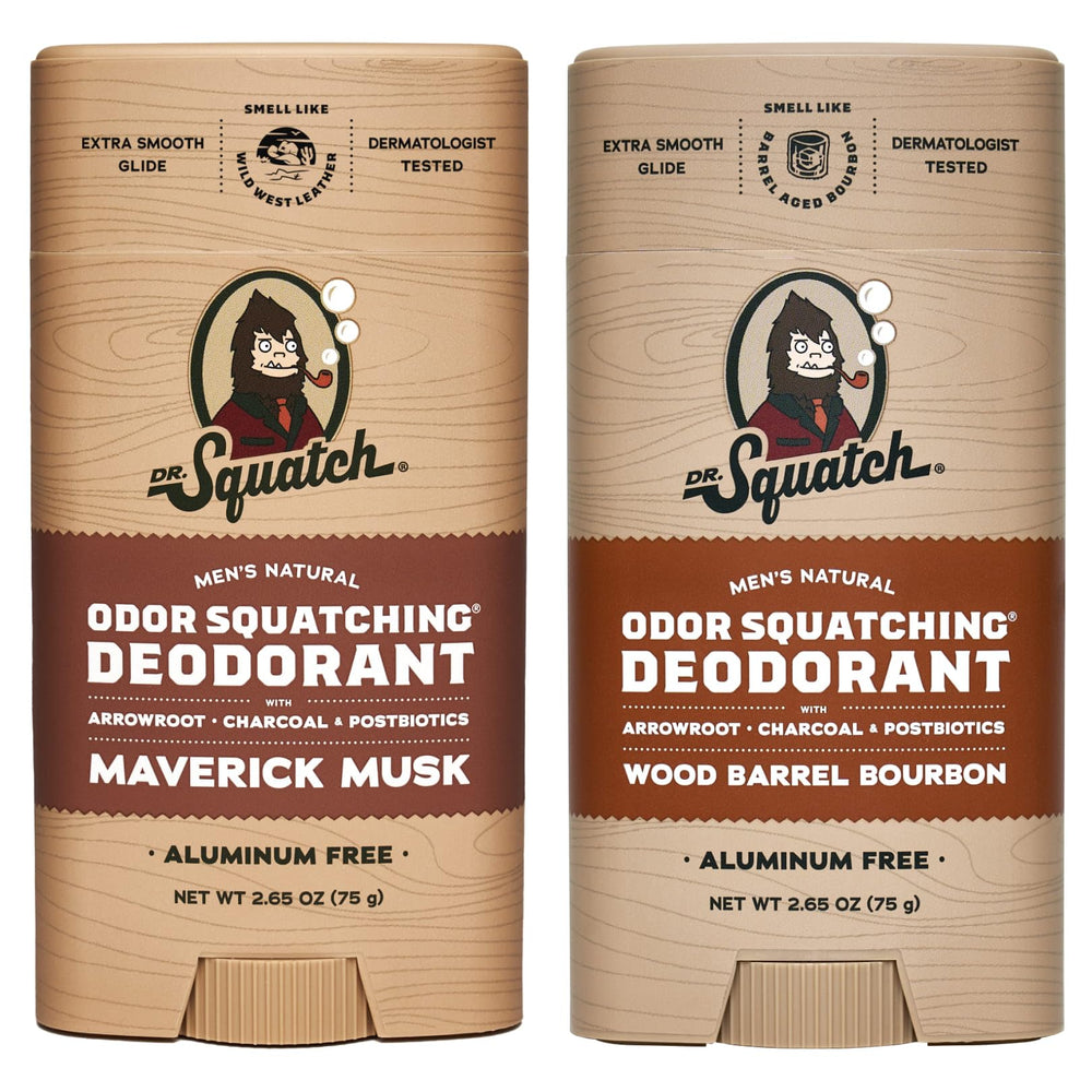Dr. Squatch Maverick Musk deodorant bottle shows aluminum-free protection for daily wear.