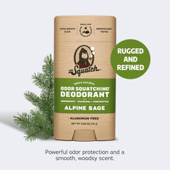 Dr. Squatch natural deodorant stick featuring aluminum-free formula for daily odor protection.
