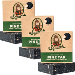 Dr. Squatch Pine Tar bar soap 3-pack in rugged packaging for long-lasting cleanliness.