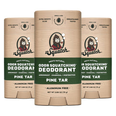 Dr. Squatch Pine Tar deodorant bottle showing aluminum-free protection