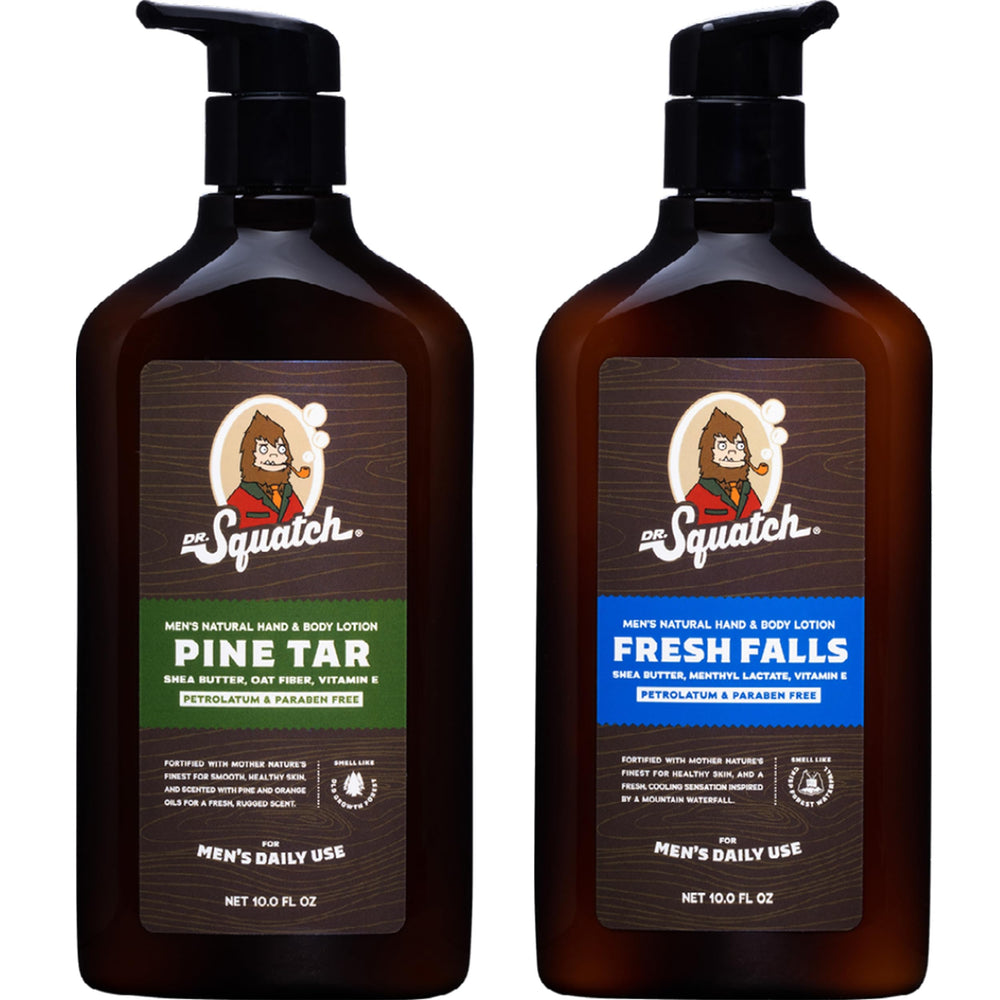 Dr. Squatch Pine Tar Fresh Falls lotion bottle close-up showing 24-hour moisturization