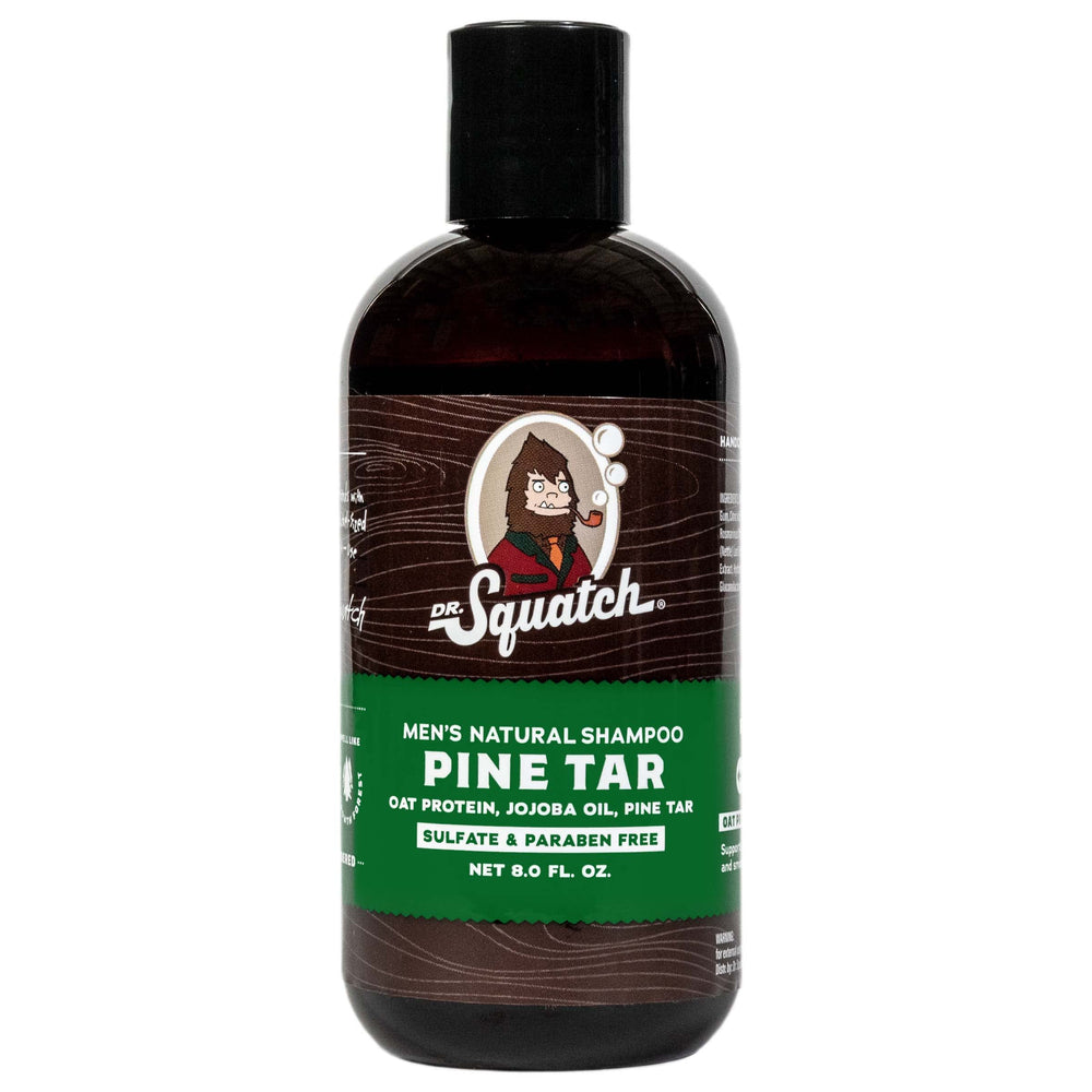 Dr. Squatch Pine Tar Shampoo bottle shows rugged pine scent for outdoorsy showers.
