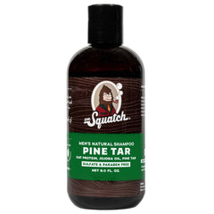 Dr. Squatch Pine Tar Shampoo bottle shows rugged pine scent for outdoorsy showers.