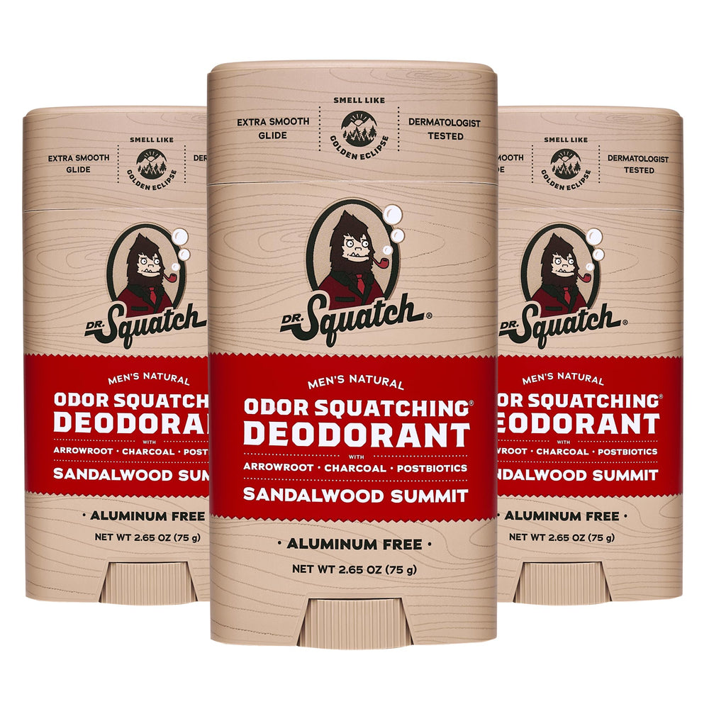 Dr. Squatch Sandalwood Summit deodorant 3-pack on display for all-day odor protection.