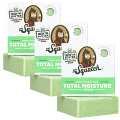 Dr. Squatch Total Moisture Bar Soap Green Tea Butter 3-pack on a clean bathroom surface
