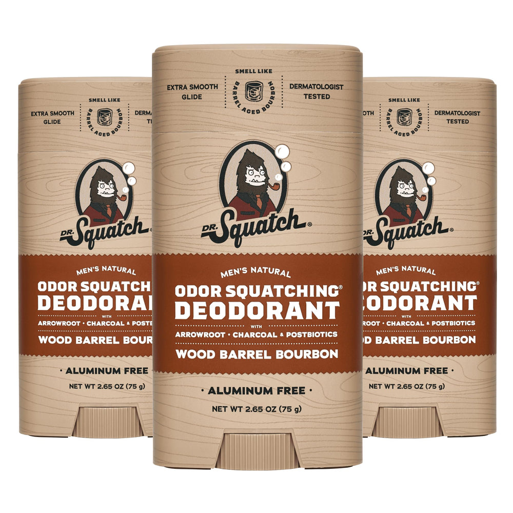 Dr. Squatch Wood Barrel Bourbon deodorant pack offers natural protection for all-day freshness.