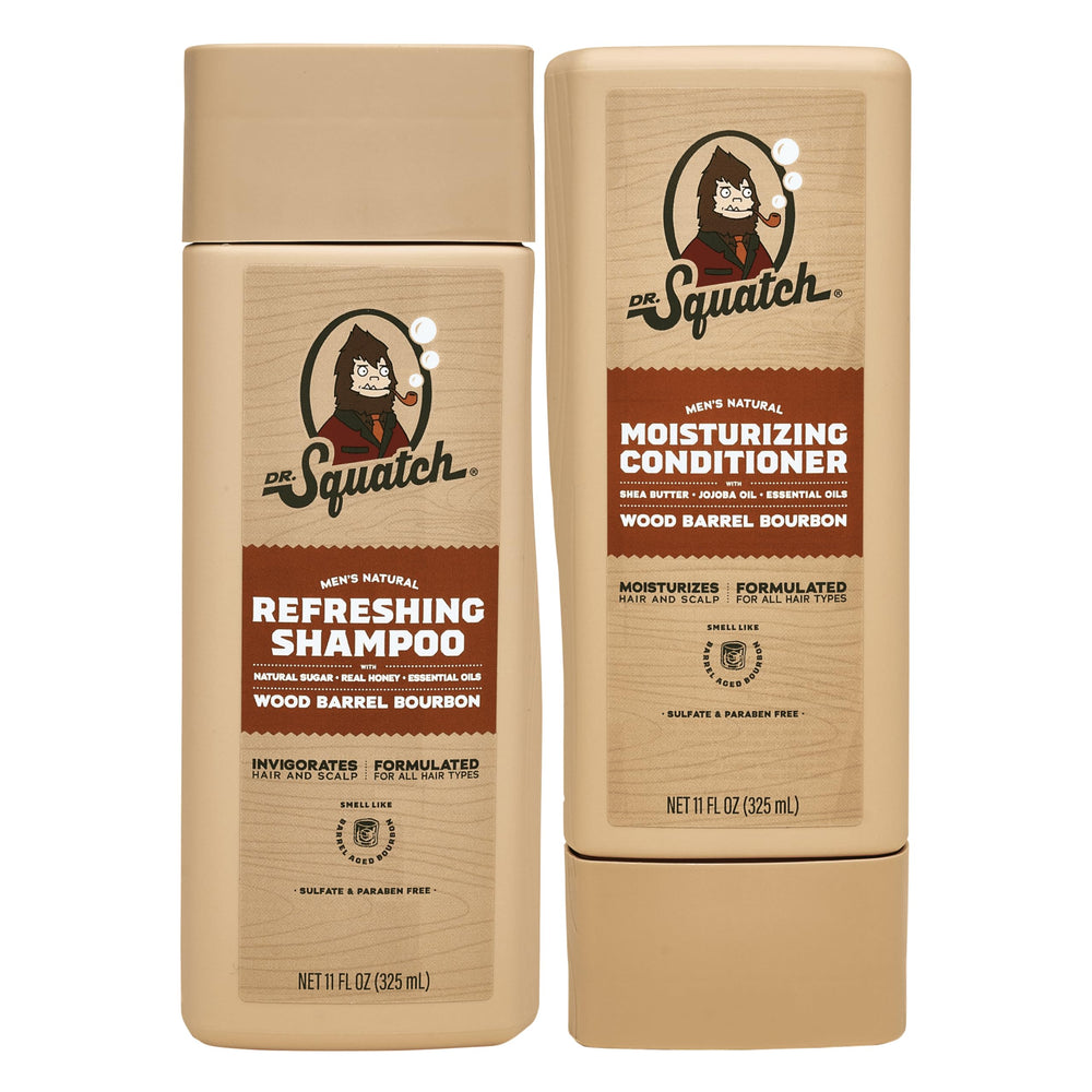 Dr. Squatch Wood Barrel Bourbon shampoo bottle shows rugged men’s hair care with natural cleansing.