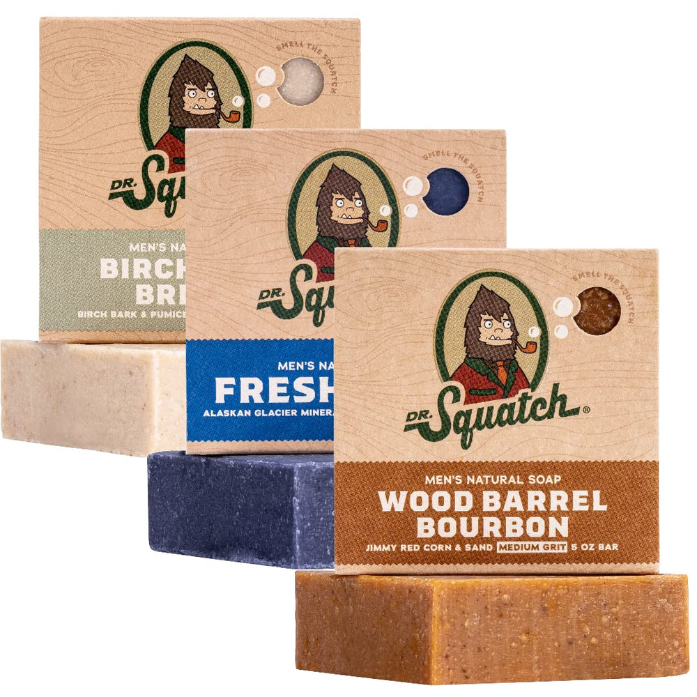 Dr. Squatch Wood Barrel Bourbon soap bar offers rugged scent for a refreshing morning ritual.
