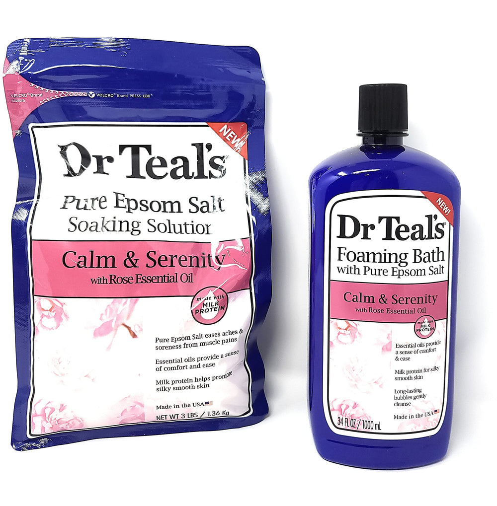 Dr Teal's Calm Serenity rose oil bath salts with milk protein for silky skin.