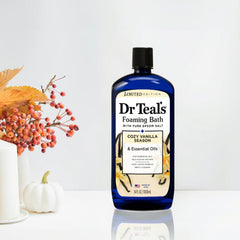 Dr Teal's Cozy Vanilla Season soak label highlights citrus and cedar notes for unwinding.
