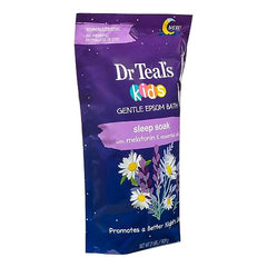 Dr Teal's Kids Sleep Soak bottle highlights melatonin and essential oils supporting a soothing bedtime routine.
