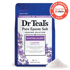 Dr Teal's lavender foaming bath bottle promoting relaxation and muscle relief.