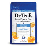 Dr Teal's Milk and Honey bath bottle for skin softness after soaking.