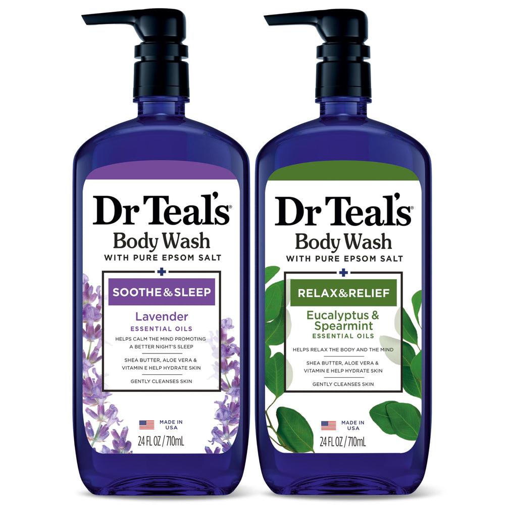 Dr Teal's pack of 2 display highlights the lavender and eucalyptus duo for a calming routine.