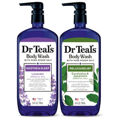 Dr Teal's pack of 2 display highlights the lavender and eucalyptus duo for a calming routine.