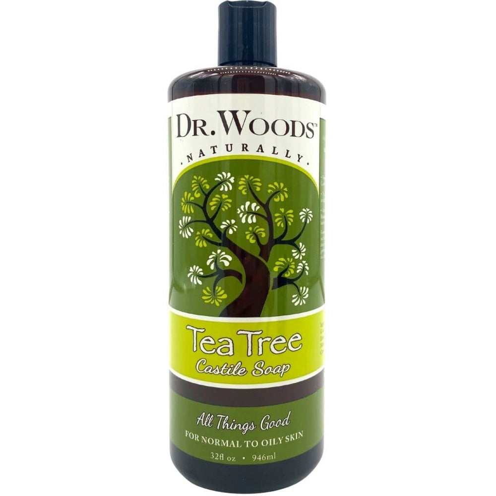 Dr. Woods tea tree Castile soap bottle with rich lather for deep cleansing.