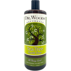 Dr. Woods tea tree Castile soap bottle with rich lather for deep cleansing.