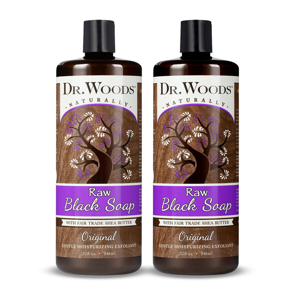 Dr. Woods Raw African Black Soap bottle for daily cleansing with organic shea butter benefits.