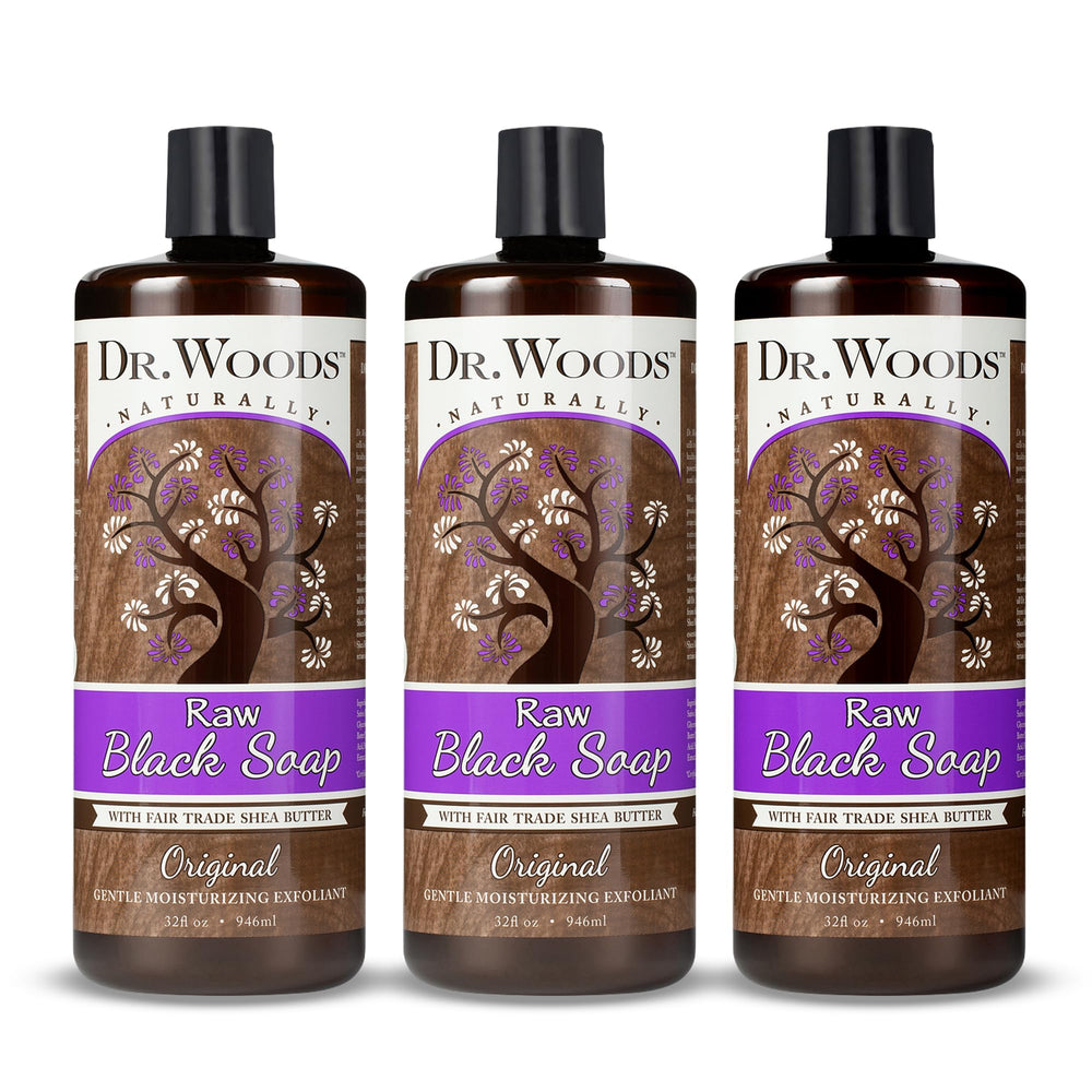 Dr. Woods Raw African Black Soap pours for rich cleansing lather