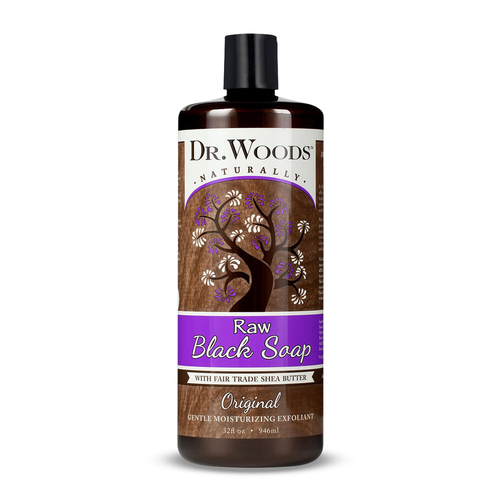 Dr. Woods Raw Liquid Black Soap bottle close-up highlighting nourishing formula.