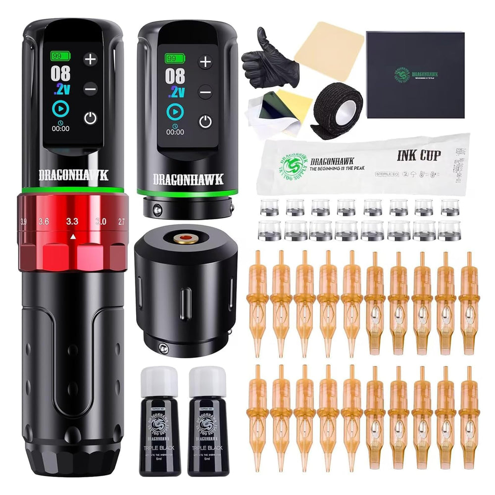 Dragonhawk L3 cordless tattoo gun pen highlighting compact design for long sessions.