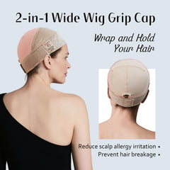 Dreamlover wide wig grip cap extended strap close-up shows adjustable fit for most head sizes