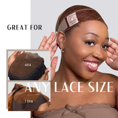 Dreamlover wig grip band worn on head with lace-front wig demonstration for lace-front security