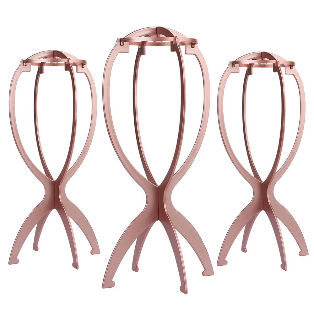 Dreamlover wig head stand rose gold 3-pack supports wigs and travel-ready storage.