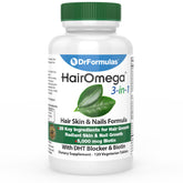 DrFormulas HairOmega bottle highlighting 3-in-1 formula for healthier hair and nails.