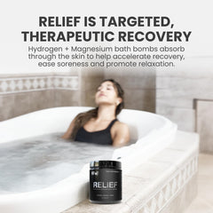 RELIEF tablet activation in tub highlights fast-acting recovery potential.