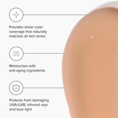 DRMTLGY application swatch on skin shows universal tint blending.