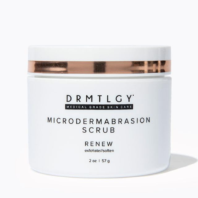 DRMTLGY microdermabrasion scrub bottle demonstrates gentle exfoliation for smoother skin.