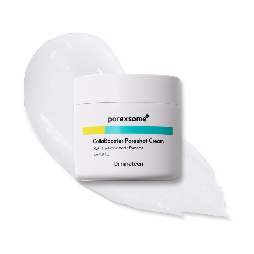 Dr.nineteen CollaBooster Poreshot Cream bottle top view highlighting pore care and hydration.