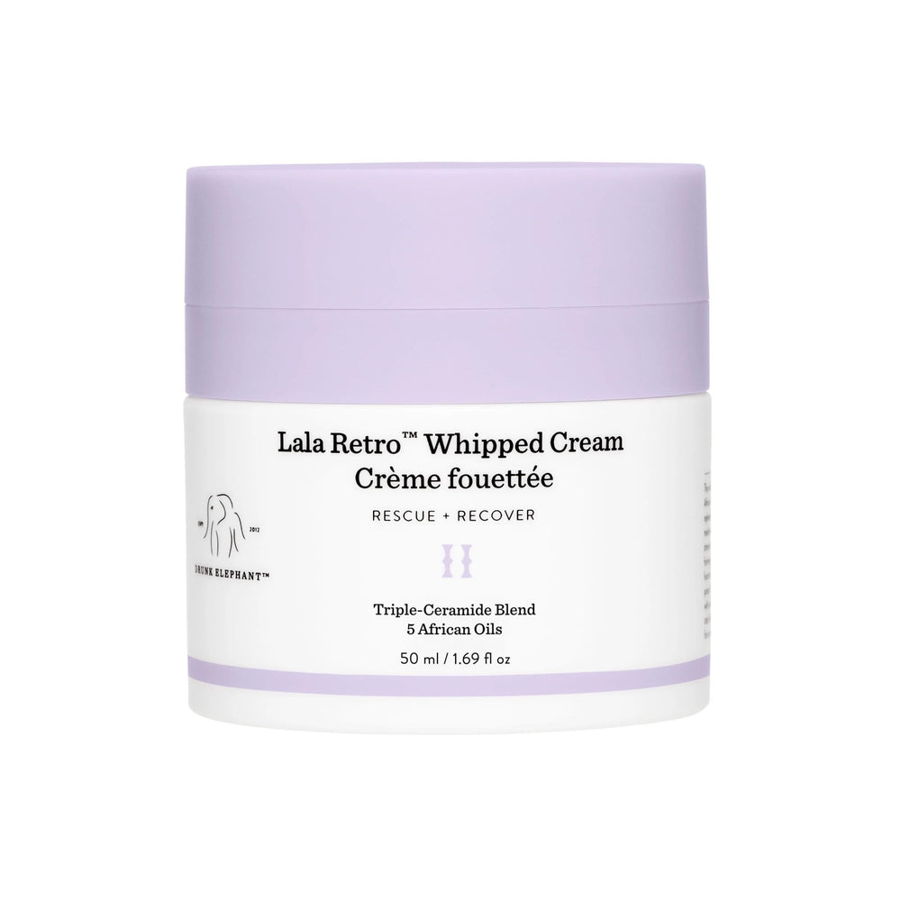 Drunk Elephant Lala Retro whipped cream jar close-up shows cushiony moisture for daily hydration.