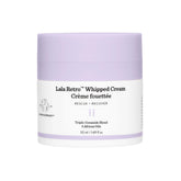 Drunk Elephant Lala Retro whipped cream jar close-up shows cushiony moisture for daily hydration.