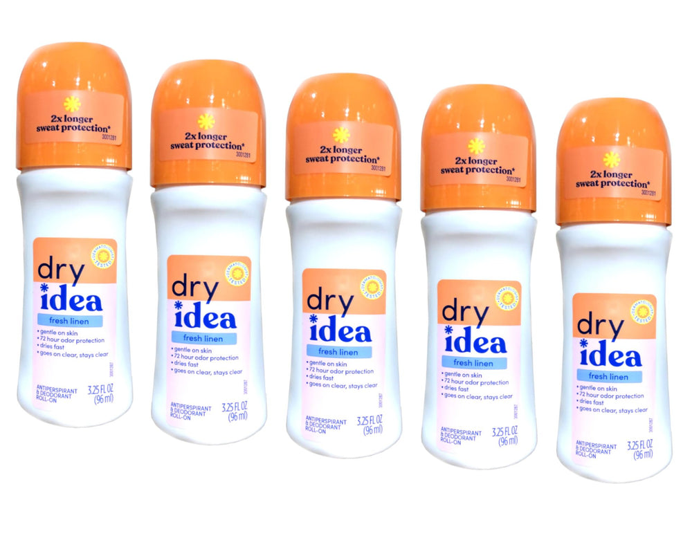 Dry Idea Fresh Linen roll-on bottle shown for all-day freshness.