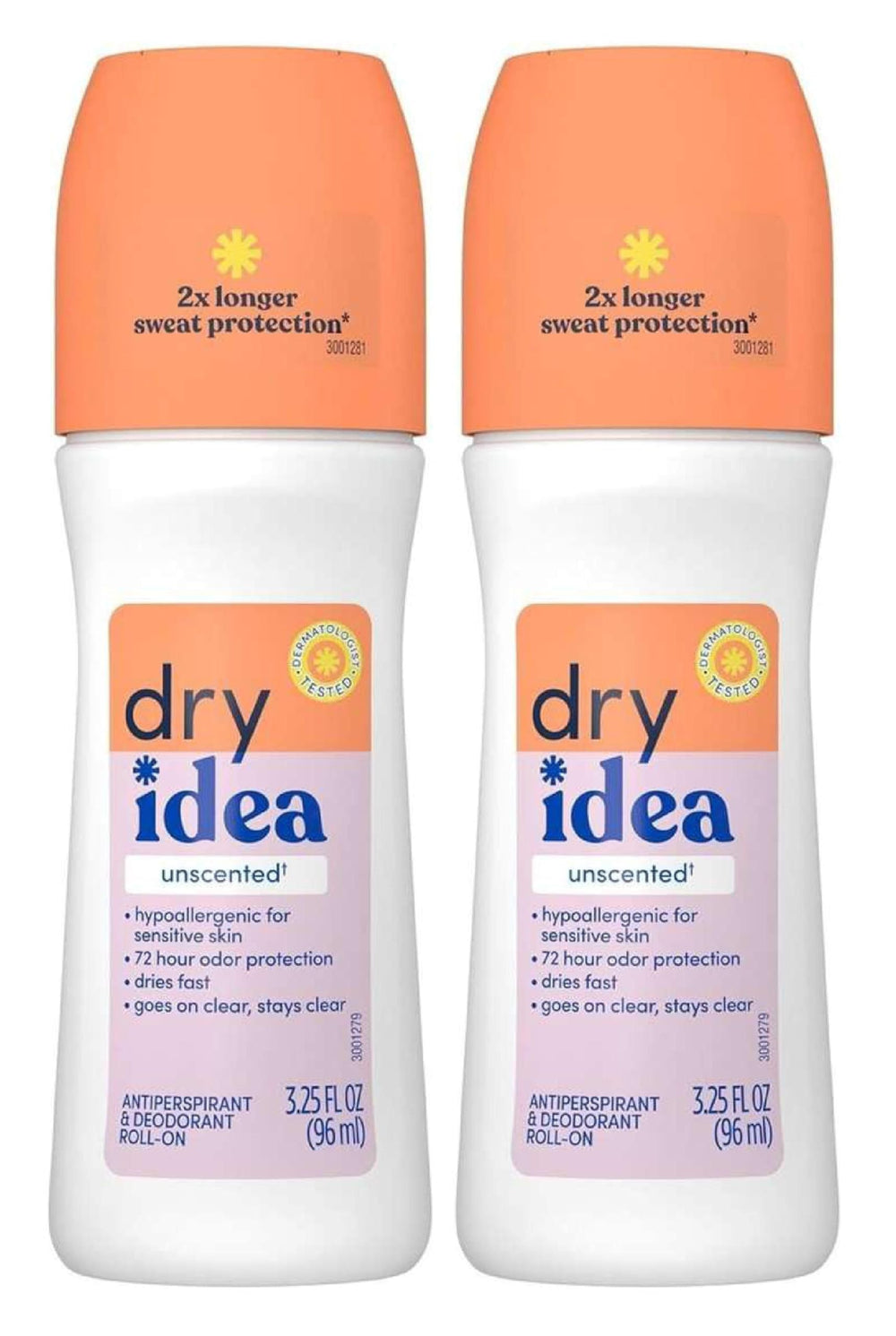 Dry Idea unscented roll-on bottle provides fragrance-free, all-day protection.