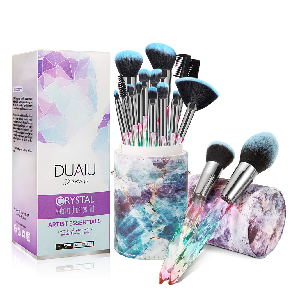 DUAIU makeup brushes with crystal-gradient handles for precise application.