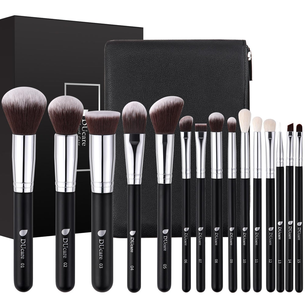DUcare makeup brushes with bag 15pc set arranged for travel-ready makeup