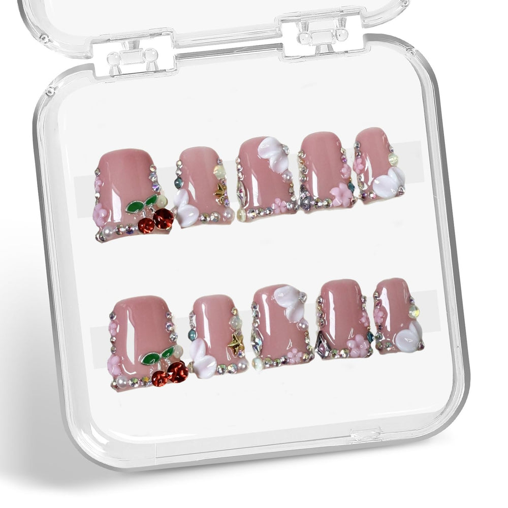Duck Press on Nails 3D cherry rhinestones for party glam.